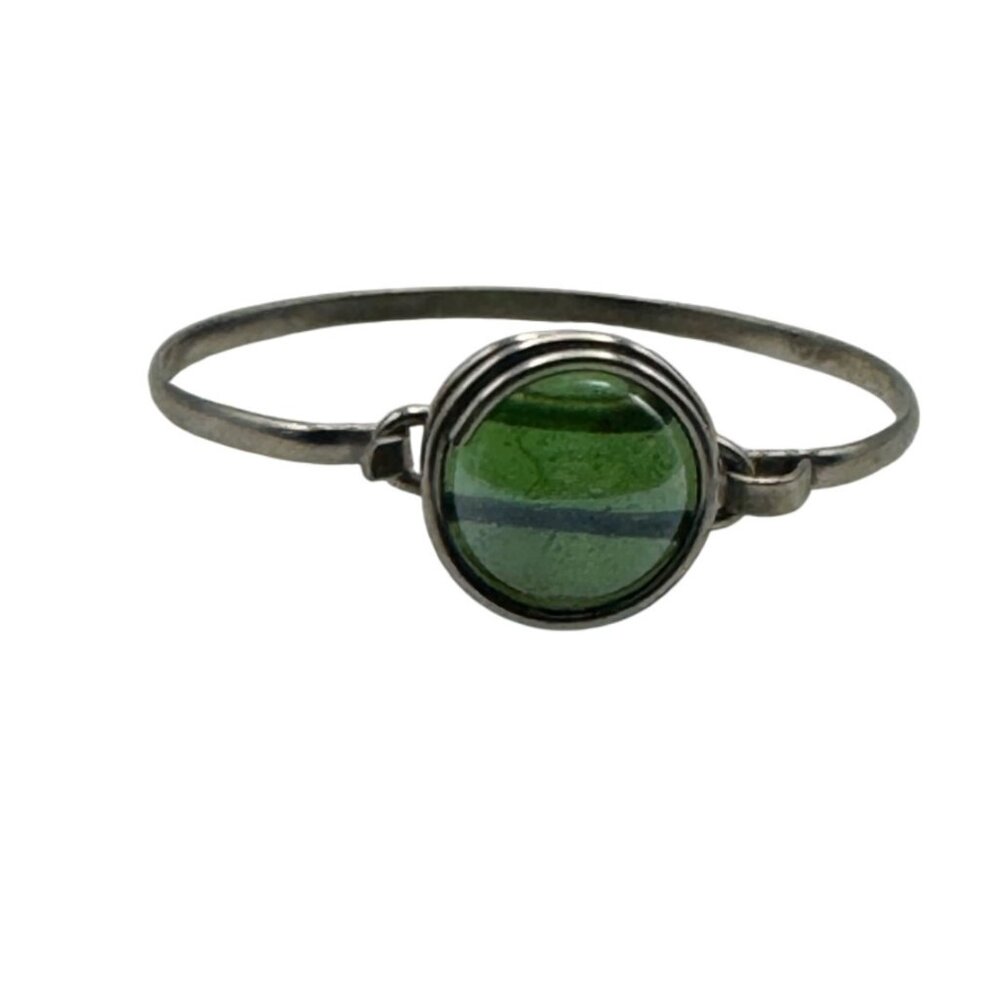 Green Glass Cabochon Silver-Tone Bracelet with Hook Clasp
